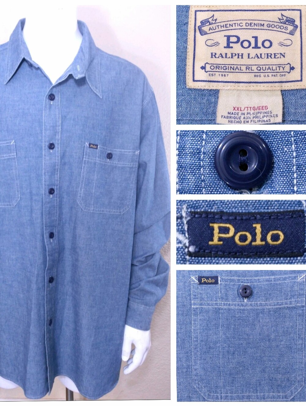 POLO RALPH LAUREN Long Sleeve Button Up Shirt XXL DENIM Blue Jean RL Mens 2XL